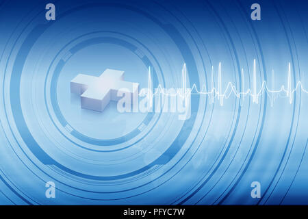 3d plus sign in expanding circles around it with health rate line, suitable for health care and medical topic Stock Photo