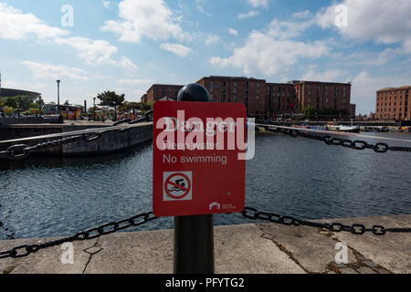 Danger Deep Water No Swimming sign. Liverpool Docks. Liverpool Stock Photo