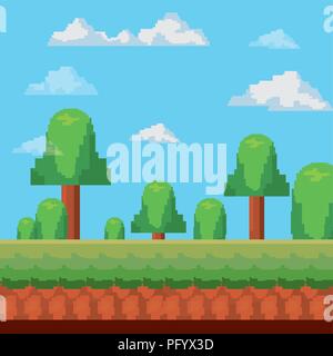 pixelated trees and landscape, videogame concept, colorful design. vector illustration Stock Vector