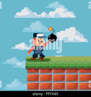 pixelated videogame design with adventure man character holding a bomb over sky background, colorful design. vector illustration Stock Vector