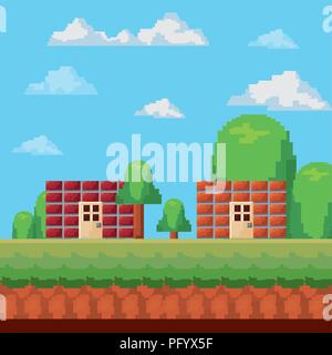 videogame interface with pixelated buildings and trees, colorful design. vector illustration   Stock Vector