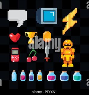 videogame pixelated robot and icon set over black background, colorful design. vector illustration Stock Vector