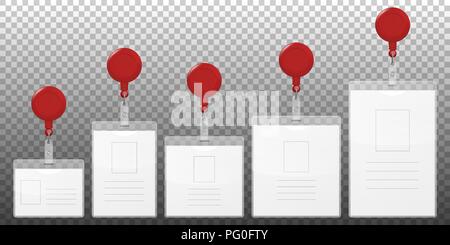 Vector realistic 3d empty graphic Id Card with round reel holder for logo cllip icon set closeup isolated on transparency grid background. Design template for mockup Stock Vector