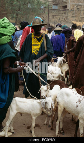 Fulani herdsman with goats at the Monday market at The Great Mosque in Djenne, Mali                FOR EDITORIAL USE ONLY Stock Photo