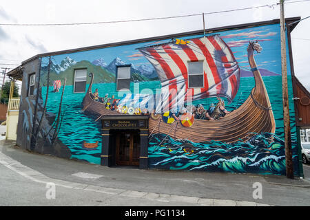 Mural representing norsemen or vikings sailing on a drakkar in Poulsbo, Kitsap county, Washington state, USA. Stock Photo