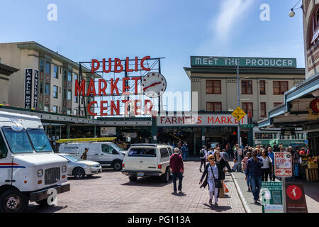 Crowded street in Pike Place market district, Farmer market and corner market, Seattle, Washington street, USA. Stock Photo