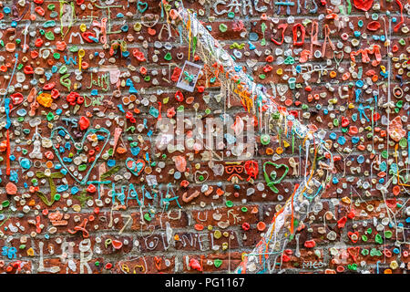 The Gum Wall in Post Alley, near Pike Place Market, living artwork landmark in downtown Seattle, Washington state, USA. Stock Photo