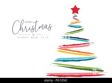 Merry Christmas and New Year colorful greeting card design with fun color xmas pine tree made of grunge hand drawn brush strokes. EPS10 vector Stock Vector