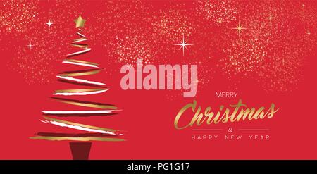 Merry Christmas and New Year luxury greeting card design with gold color xmas pine tree made of grunge hand drawn brush strokes over holidays red back Stock Vector