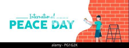International Peace day web social media banner illustration, peaceful art expression concept. Boy painting brick wall in white color for world childr Stock Vector