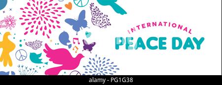 International Peace Day web social media banner illustration, colorful peaceful icons in hand drawn style with typography quote. Dove bird, nature dec Stock Vector