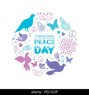 International Peace Day card illustration, dove bird hand drawn doodle decoration with nature elements for special celebration. EPS10 vector. Stock Vector