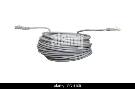 Twisted pair patch cord network Internet cable with shadow isolated over white background. Top view. Stock Photo