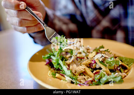 A man's hand holding and fork eating an organic arugula and baby lettuce salad with chicken and shallow depth of field Stock Photo