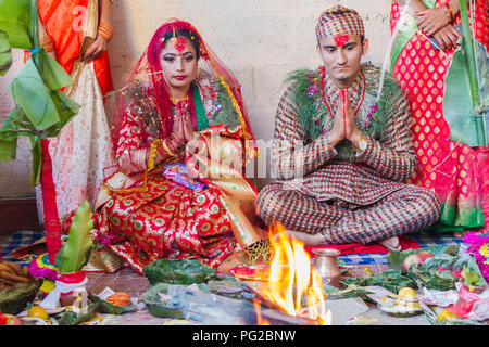 Kathmandu,Nepal - Dec 11,2017 : Beautiful Hindu bride and groom in a wedding.Hindu wedding couple. Stock Photo