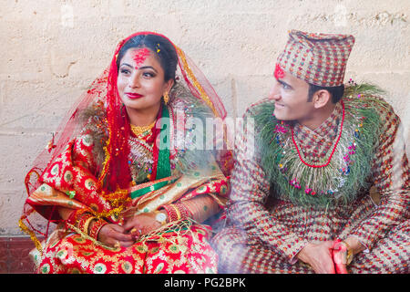 Kathmandu,Nepal - Dec 11,2017 : Beautiful Hindu bride and groom in a wedding.Hindu wedding couple. Stock Photo