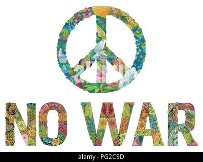 Zentangle stylized sign of peace with words no war. Hand Drawn colorful lace vector illustration Stock Vector