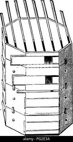 . A manual of bee-keeping. Bees. HIVES. 97 order that the sun and rain shall not draw the seams apart. Stewarton Hive.âThis is a very celebrated hive in common use about Stewarton, in Ayrshire, where, as elsewhere, it has produced most excellent results; and when better known, will be found worthy of more general employment. In the Apiarian Exhibition at the Crystal Palace, in 1874, a magnificent display of the finest white clover honey was made in the Stewarton supers; the purity, quantity, and beauti- ful regularity of the combs were worthy of the prize and general high commendation it obtai Stock Photo