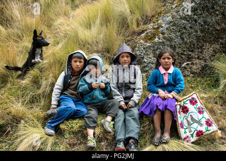 Group portrait of native children who reside around Cumbe Mayo archaeological site. Cajamarca, Peru. Jul 2018 Stock Photo