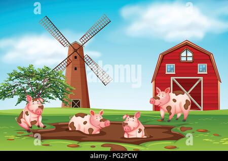 Pigs playing in mud farm scene illustration Stock Vector