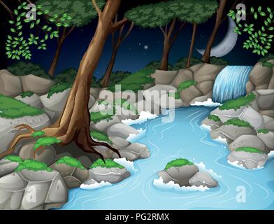 Beautiful wood scene at night illustration Stock Vector