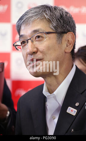 Tokyo, Japan. 23rd Aug, 2018. Japan Airlines (JAL) president Yuji Akasaka announces the business strategy for 2020 at a JAL hangar of the Haneda airport in Tokyo on Thursday, August 23, 2018. JAL will invest 10 billion yen to improve airport facilities and will change their uniforms in 2020. Credit: Yoshio Tsunoda/AFLO/Alamy Live News Stock Photo