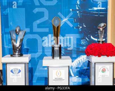 Hollywood, CA. 25th July, 2018. The Pac-12, National Championship and Rose Bowl trophies on display at the Pac-12 football media day on Wednesday, July 25, 2018 at the Hollywood and Highland, in Hollywood, CA. (Mandatory Credit: Juan Lainez/MarinMedia.org/Cal Sport Media) (Complete photographer, and credit required) Credit: csm/Alamy Live News Stock Photo