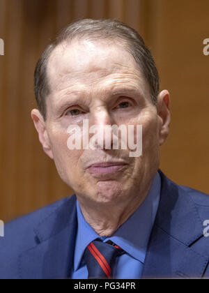 Washington, District of Columbia, USA. 22nd Aug, 2018. United States Senator Ron Wyden (Democrat of Oregon), ranking member, US Senate Committee on Finance, questions witnesses during a confirmation hearing on Capitol Hill in Washington, DC on Wednesday, August 22, 2018 Credit: Ron Sachs/CNP/ZUMA Wire/Alamy Live News Stock Photo