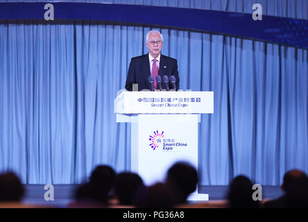 Chongqing. 23rd Aug, 2018. Singapore's Emeritus Senior Minister Goh Chok Tong speaks at the opening ceremony of the first Smart China Expo in southwest China's Chongqing Municipality, Aug. 23, 2018. Credit: Wang Quanchao/Xinhua/Alamy Live News Stock Photo