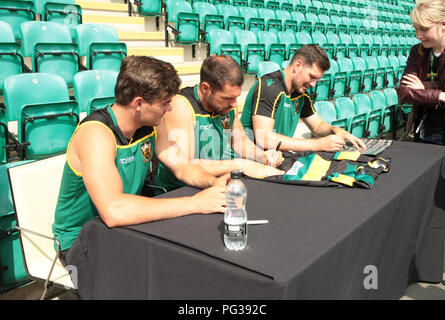 Northampton, UK. 23rd August 2018. George Burbank, Charlie Davies and Andy Symons of Northampton Saints during a training session at the Northampton Saints open day at Franklin's Gardens. Andrew Taylor/Alamy Live News Credit: atsportphoto/Alamy Live News Stock Photo