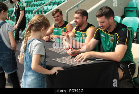 orthampton, UK. 23rd August 2018. (L-R) George Furbank, Charlie Davies and Andy Symons of Northampton Saints during a signing session at the Northampton Saints open day at Franklin's Gardens. Andrew Taylor/Alamy Live News Credit: atsportphoto/Alamy Live News Stock Photo