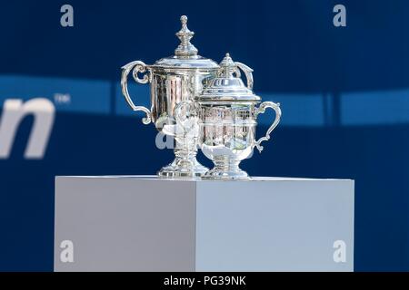 New York, USA. 23rd Aug, 2018. Trophies are seen during the Live Draw US Open Experience at Brookfield Place in New York in the United States this Thursday, 23. (PHOTO: VANESSA CARVALHO / BRAZIL PHOTO PRESS) Credit: Brazil Photo Press/Alamy Live News Stock Photo