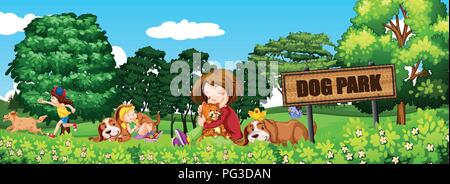 People and dogs at the dog park illustration Stock Vector