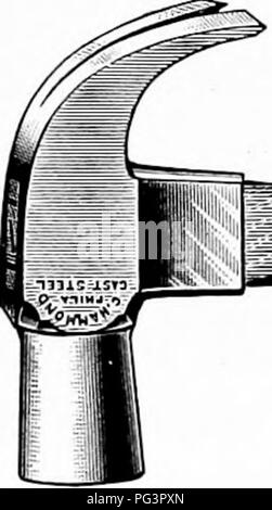. Elementary woodworking. Woodwork; Trees. CHAPTER IV MISCELLANEOUS TOOLS AND METHODS OF WORK 18. Hammer. The carpenter s hammer is used prin- cipally to drive or withdraw nails. The various trades have hammers made specially for their needs; thus we have machinists', roofers', up- holsterers', stonecutters', and other ham- mers, but the claw hammer shown in the. Fig. 42, The Claw Hammer sketch is the one commonly used by work- ers in Avood. The head a (Fig. 43) is of steel, with the face 6 spe- cially hardened so that it may not be dented by the nails. Notice the length of the handle li. This Stock Photo