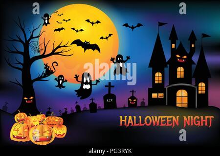 Halloween pumpkins and creepy castle, death tree with cemetery graveyard and bats with full moon background, Halloween Night party poster brochure wit Stock Vector