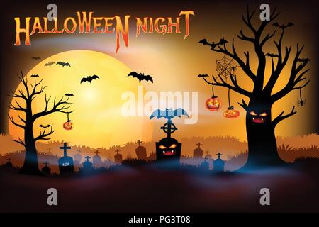 Halloween night concepts, Dark silhouette death tree with cemetery graveyard and creepy bats with full moon background, Halloween Night party with cop Stock Vector