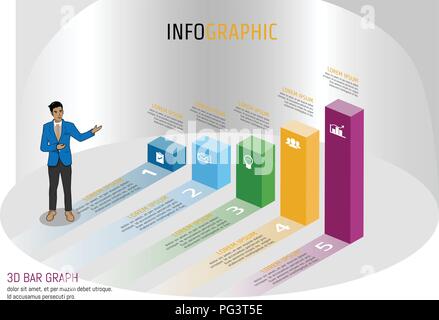 Vector illustration Infographic template in isomatic bar graph layout design for presentation, business meeting, marketing, techonology workflow, plan Stock Vector