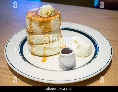Premium Japanese soufflé pancakes from Gram Café and Pancakes in HIroshima, Japan. Stock Photo