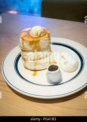 Premium Japanese soufflé pancakes from Gram Café and Pancakes in HIroshima, Japan. Stock Photo