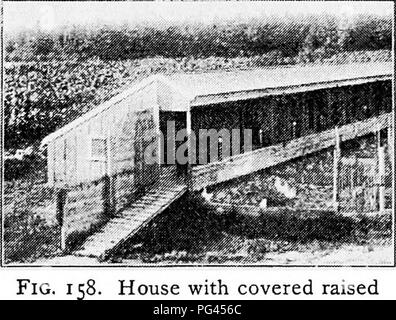 . Principles and practice of poultry culture . Poultry. Fit). I 57. Raised v.aik in front of house in Fig. t,C&gt;. (I'hotogvaph from Colorado Agricuiuira! ( olicgej. House with covered raised walk in front. Please note that these images are extracted from scanned page images that may have been digitally enhanced for readability - coloration and appearance of these illustrations may not perfectly resemble the original work.. Robinson, John H. (John Henry), 1863-1935. Boston ; New York : Ginn and Company Stock Photo