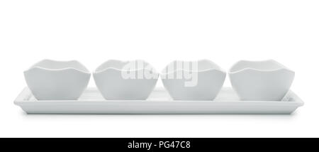Front view of serving platter with sauce cups isolated on white Stock Photo