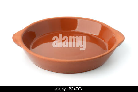 Round clay baking dish isolated on white Stock Photo