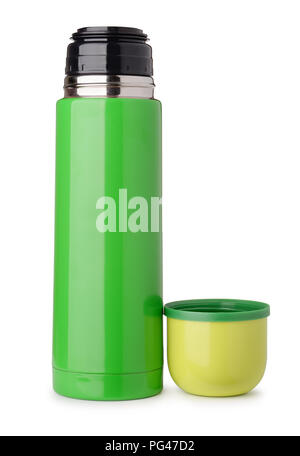 Front view of green thermo flask isolated on white Stock Photo