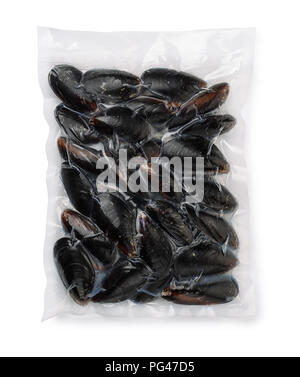 Top view of vacuum packed  whole shell mussels isolated on white Stock Photo