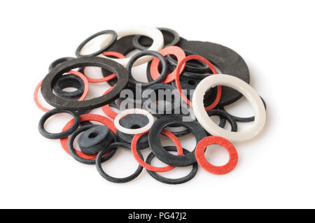 Pile of rubber gaskets and washers isolated on white Stock Photo