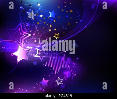 Dark cosmic background with  purple, glowing, abstract stars. Stock Vector