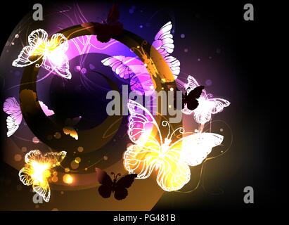 Dark vortex with flying, luminous moths and night butterflies on black background. Stock Vector