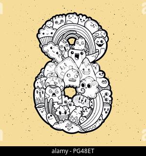 Number Eight. Hand drawn doodled kids numbers. Cute monstred numbers, math symbols. Vector illustration for web, design, decoration, education, prints Stock Vector