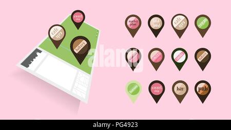 Set of Pins for Marking Places to Eat or Drink. Restaurant, Vegan, Sushi, Cafe, Bar, Pub, Tearoom, Bakery, Sweet Shop, Market Place and Fast Food. Mar Stock Vector