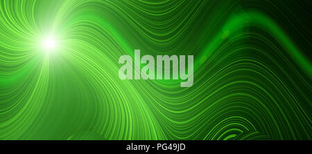 Bright green glow flux effect wave. Dynamic motion energy. Design template illustration. Panoramic image Stock Photo